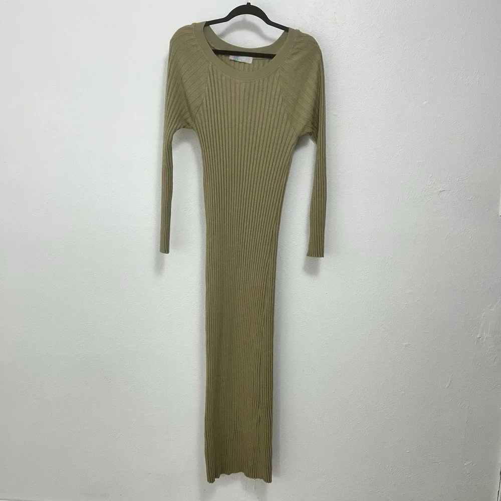 Free People Beach Khaki  Walk About Ribbed Long Sleeve Maxi Dress Bodycon Size L